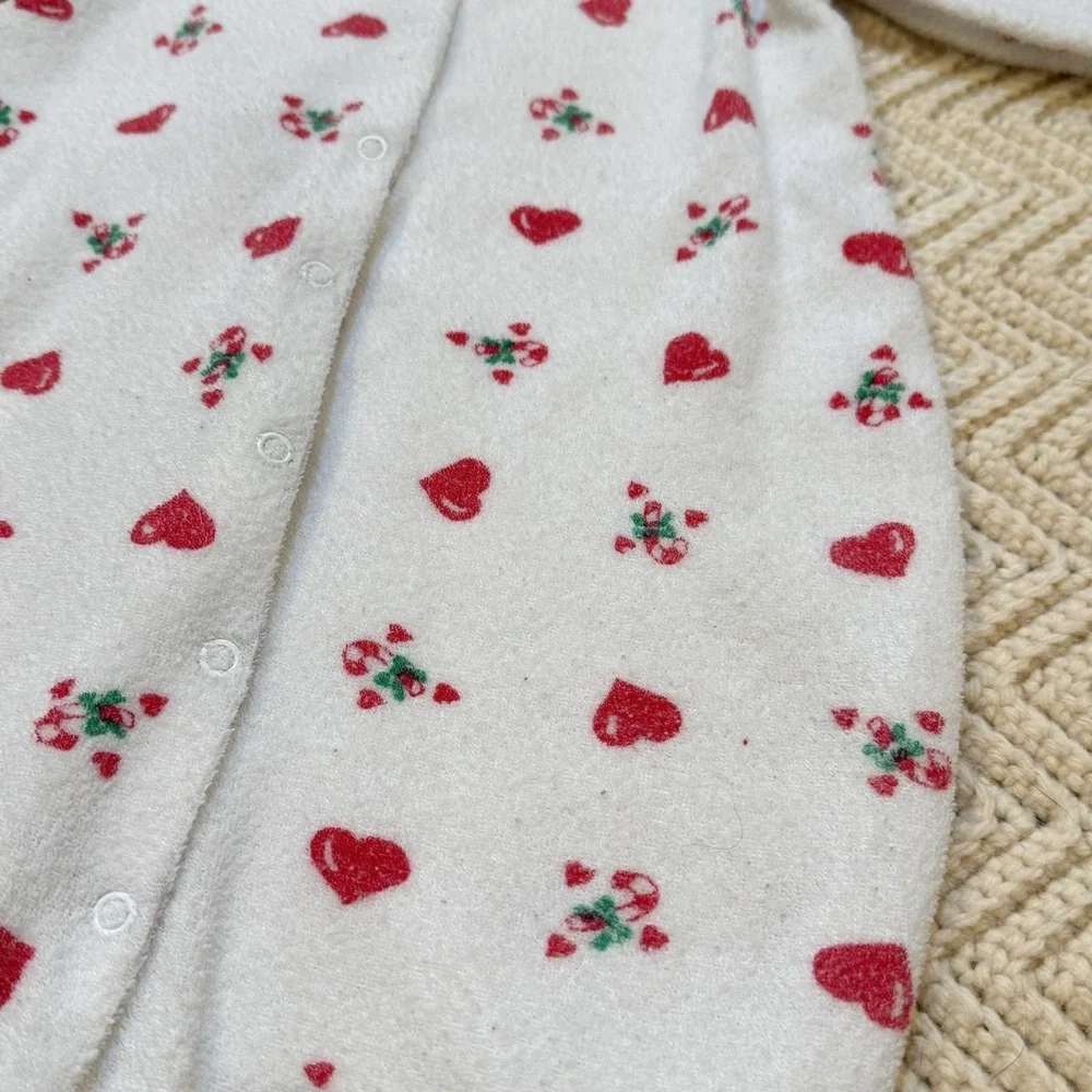 Hang in There Candy Cane Sleeper Size 6-9 Mo Hearts Terry Cloth XMas Bow VTG 90s